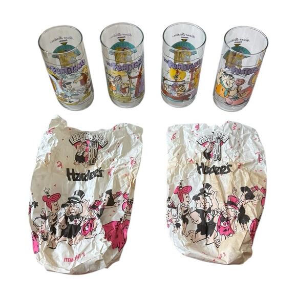 VTG 1991 The Flintstones Hardees Glasses + 2 Original Bags 30 Years Complete Set - Picture 2 of 5
